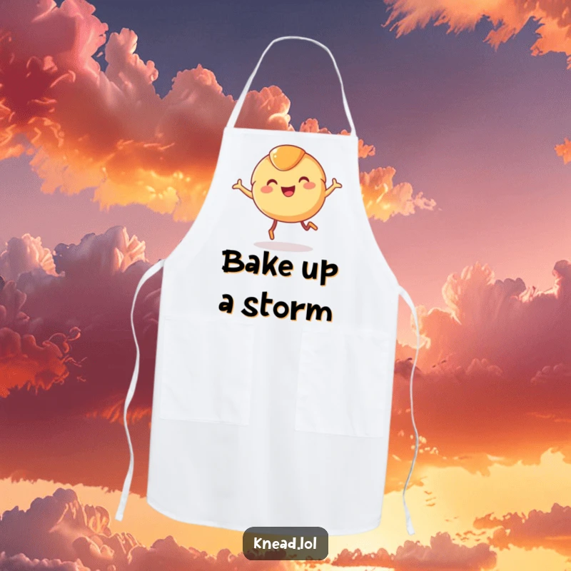 Funny Croissant Apron featuring a smiling, leaping croissant with tiny legs, a joyful baker's companion for humorous and delightful culinary creation.