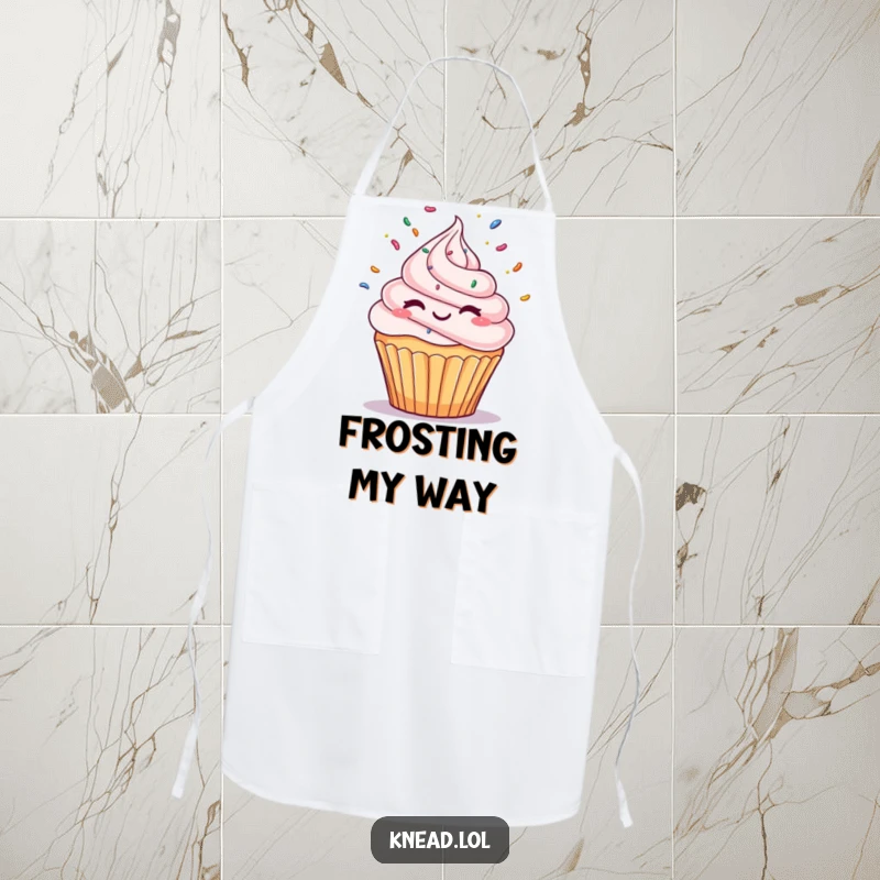 Funny Winking Cupcake Apron featuring a cupcake character winking and juggling sprinkles, a humorous and practical accessory for any baker.