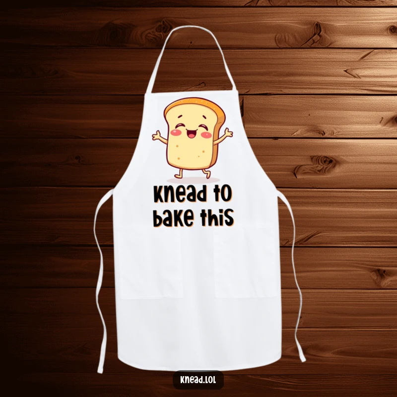 Funny apron with a giggling bread roll baker character doing a silly jig with tiny legs, perfect for humorous baking.