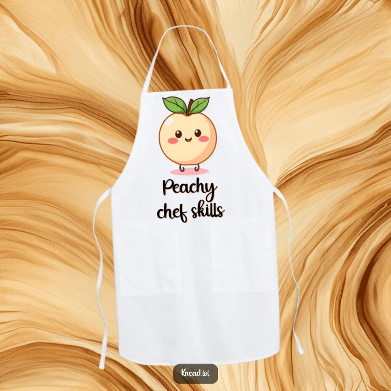 Funny Peach Bounce Apron showing a round, happy peach eagerly bouncing, ready for kitchen fun with fruity humor.