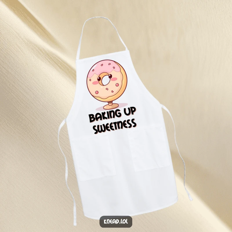 Funny donut apron with a blushing, plump character spinning with dotted eyes, a humorous and practical kitchen accessory.