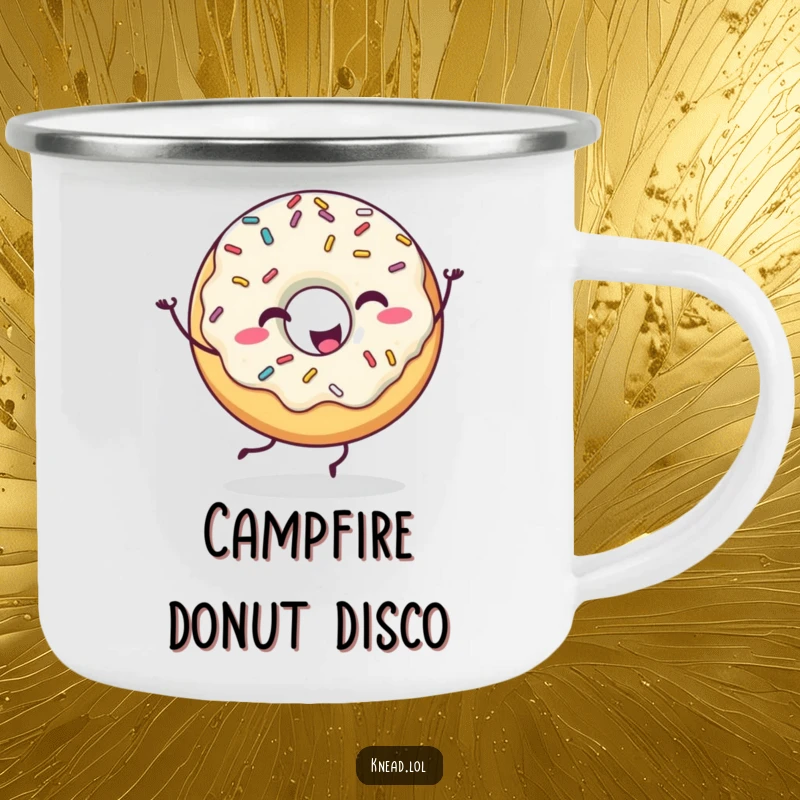 Funny Happy Donut Camping Mug featuring a donut character with sprinkles dancing, ideal for humorous outdoor coffee breaks.