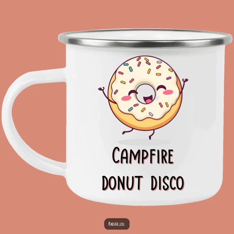 Funny Happy Donut Camping Mug: Dancing Treat, Perfect Humorous Adventure Gift