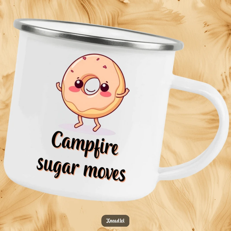 Funny Donut Camping Mug: A wiggling jelly donut with tiny feet doing a funny dance, for delightful outdoor enjoyment.