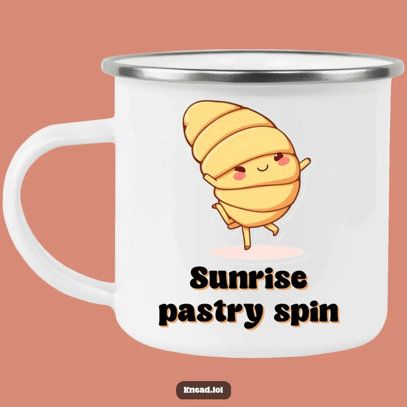 Funny Croissant Camping Mug: Cartwheeling Character, Outdoor Fun Gift