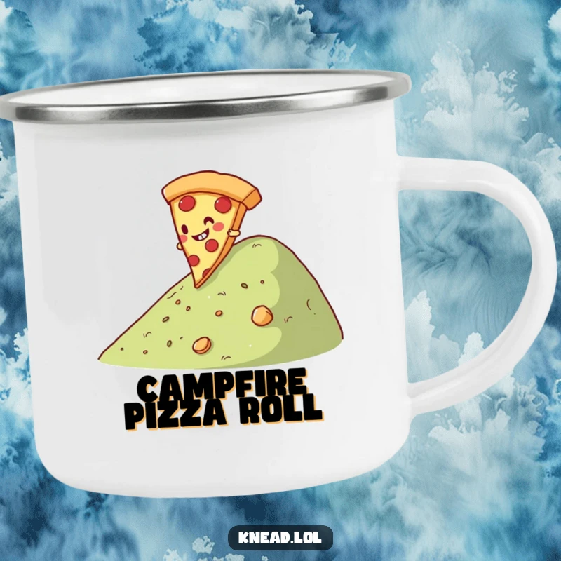 Funny Pizza Slice Camping Mug featuring a giggling pizza slice character rolling down a hill, ideal for humorous outdoor coffee breaks.