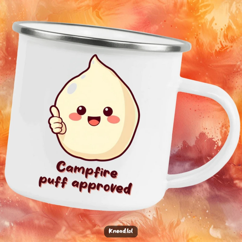 Funny Puffy Pastry Camping Mug featuring a cheerful pastry giving a thumbs up, ideal for outdoor adventures and humorous coffee breaks.