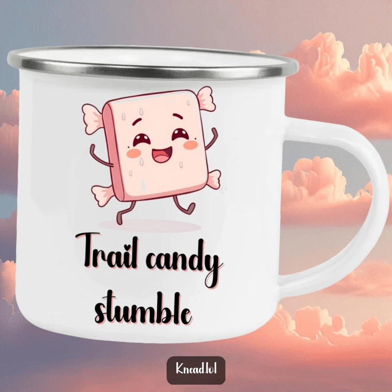 Funny camping mug depicting a delighted candy bar with tiny legs doing a comically awkward stumble, ready for outdoor fun.