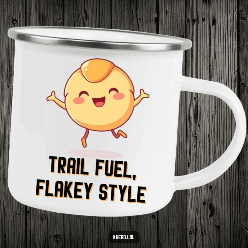 Funny Croissant Camping Mug featuring a smiling, leaping croissant with tiny legs, perfect for outdoor adventures and humorous morning coffee.