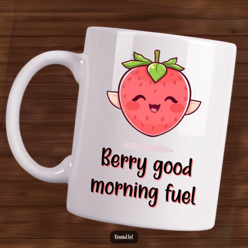 Funny strawberry mug with a plump, giggling character flapping joyfully with tiny wings, perfect for a laugh.