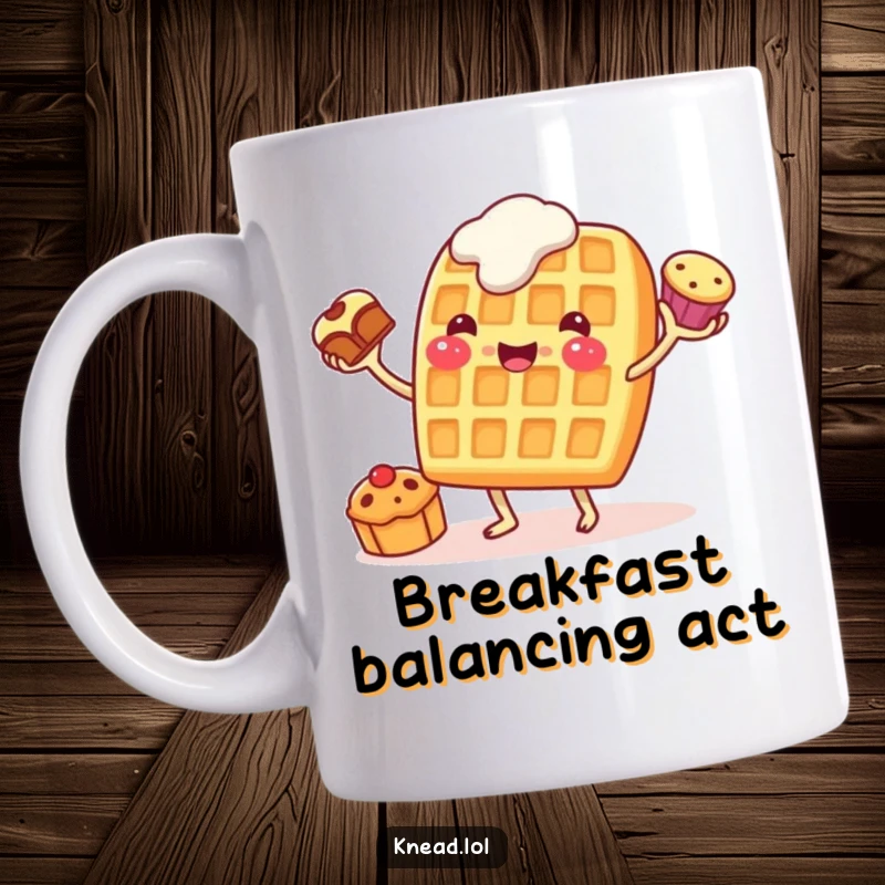 Funny Waffle Juggling Mug featuring a cheerful waffle character with stubby legs eagerly juggling three tiny pastries, full of breakfast joy.