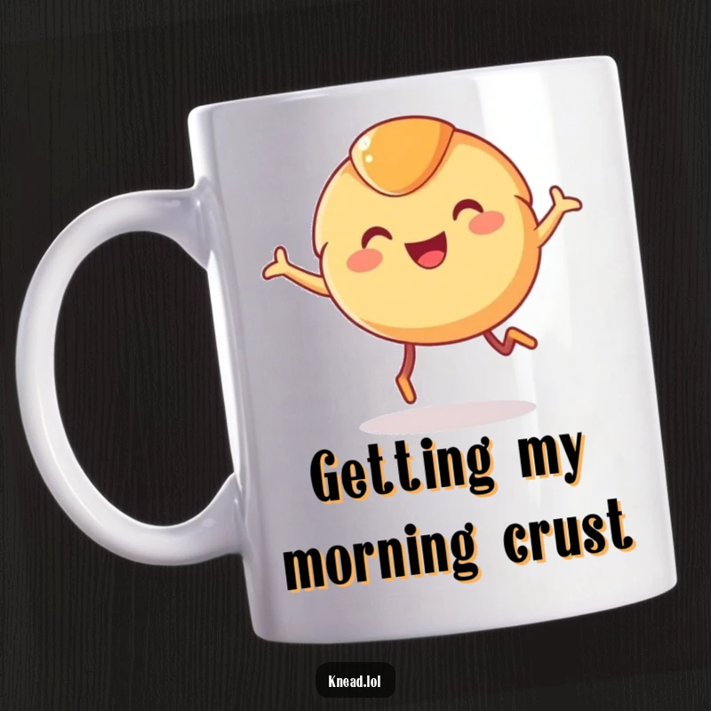 Funny Croissant Mug featuring a smiling, round croissant character with tiny legs joyfully leaping, embodying playful energy and baked goodness.