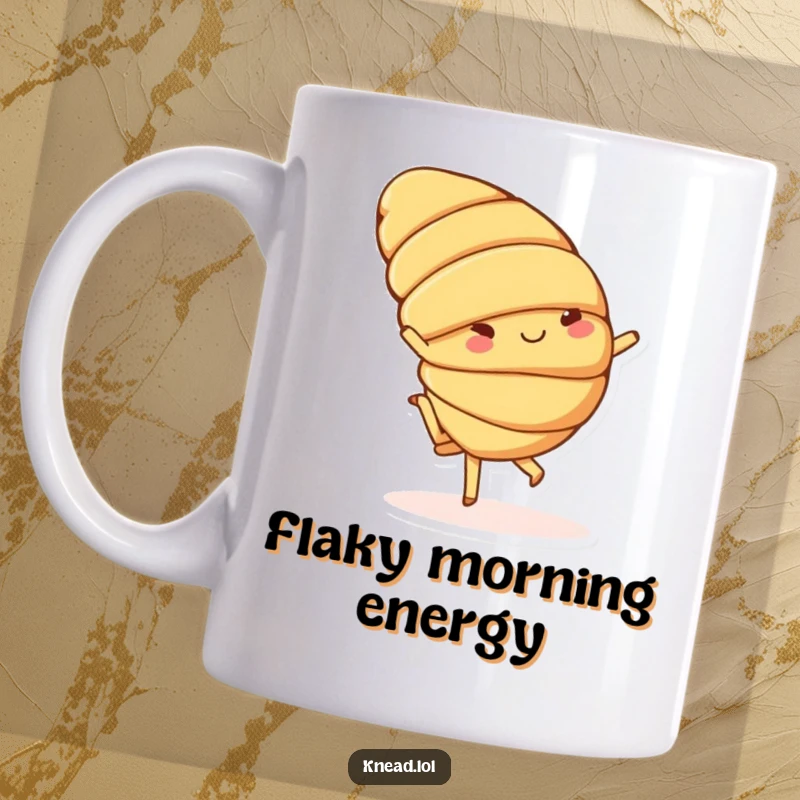 Funny mug showcasing a cheerful croissant character with small feet doing a playful cartwheel, radiating pure pastry joy.
