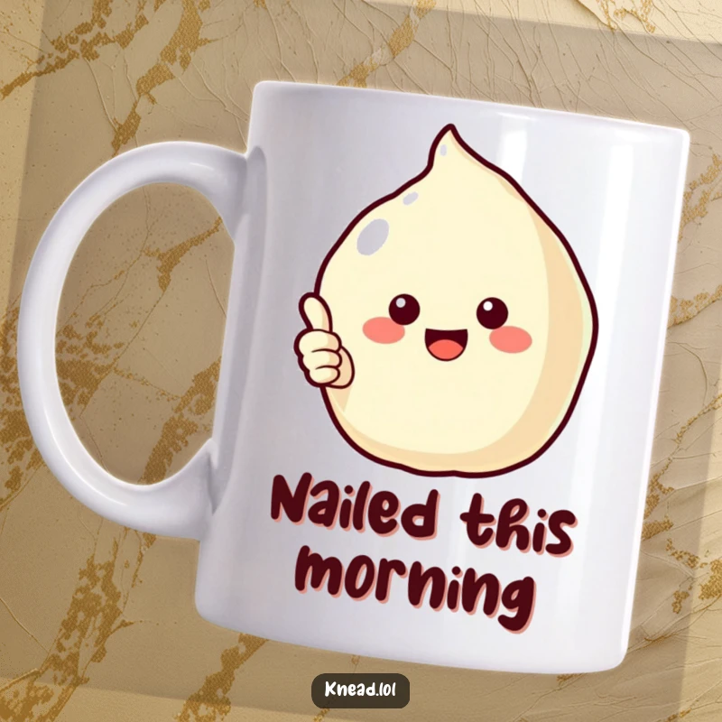 Funny Puffy Pastry Mug featuring a cheerful, puffy pastry character giving a thumbs up with its edge, radiating baked goodness and positivity.