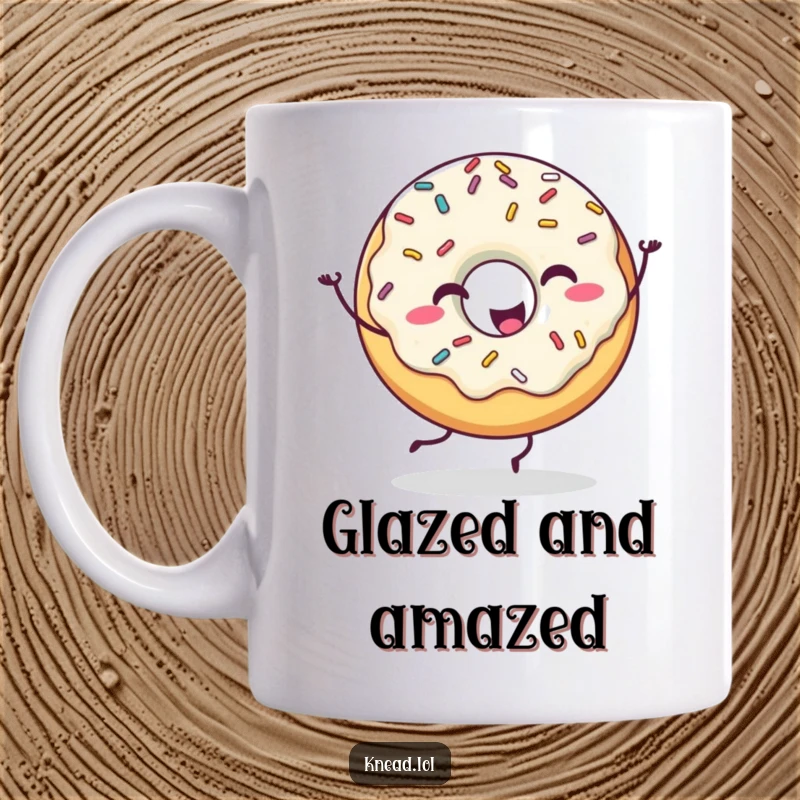 Funny Happy Donut Mug featuring a joyful donut character with sprinkles doing a silly, energetic dance, radiating pure happiness.