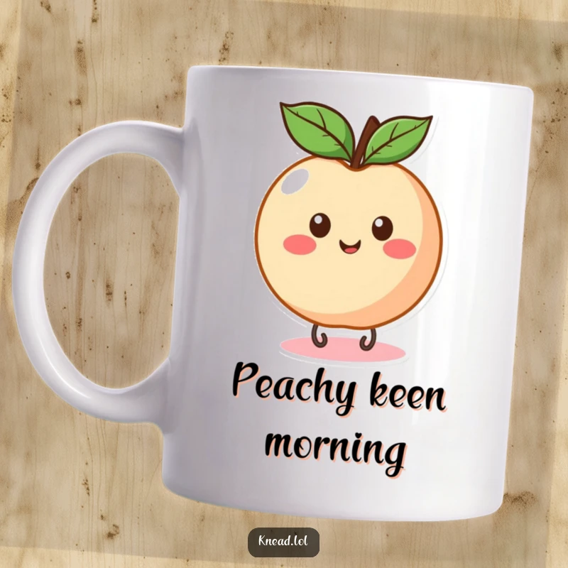 Funny Peach Bounce Mug featuring a round, happy peach with simple eye spots joyfully bouncing on a tiny springy base, radiating pure delight.