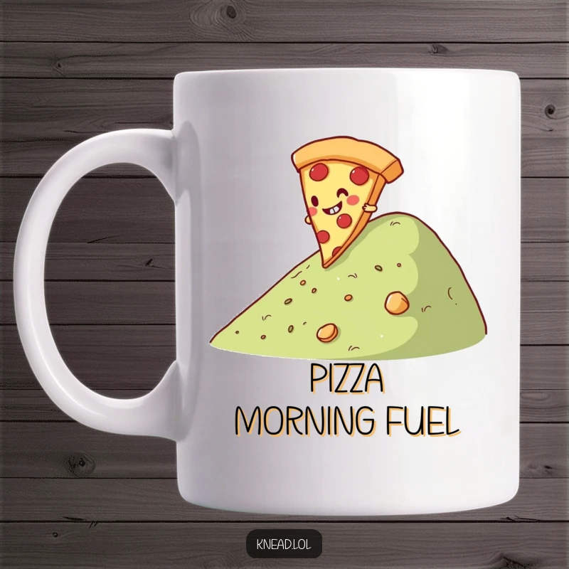 Funny Pizza Slice Mug featuring a giggling slice of pizza character joyfully rolling down a hill, embodying cheesy fun and playful energy.