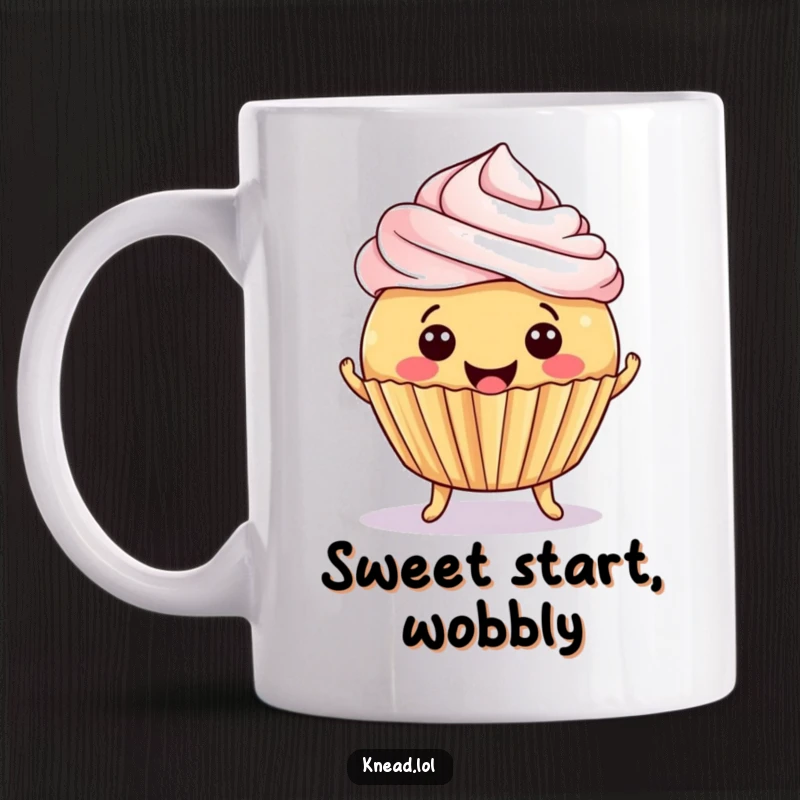 Funny Cupcake Joy Mug featuring a smiling, round cupcake with tiny feet jiggling happily, frosting precariously tipped, radiating pure delight.
