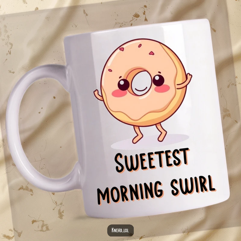 Funny Donut Mug: A wiggling jelly donut with tiny feet performs a hilarious, energetic dance move, looking utterly joyful.