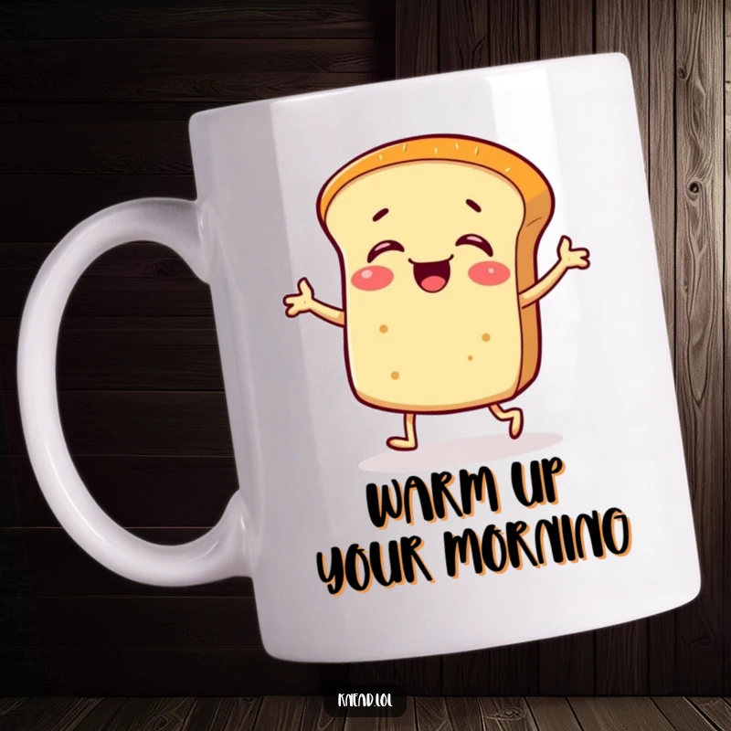 Funny mug showcasing a giggling bread roll character with tiny legs performing a silly jig, radiating pure baked joy.