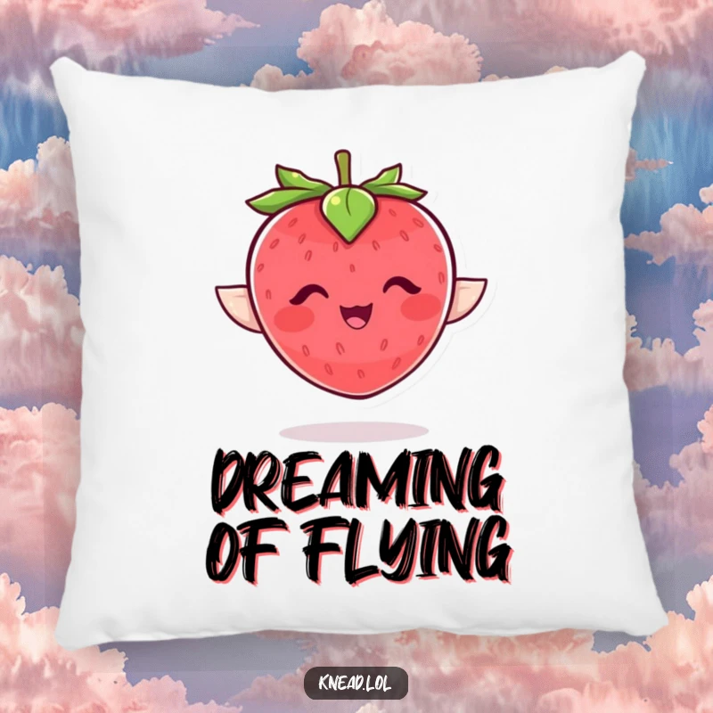 Funny strawberry pillow with a plump, giggling character flapping joyfully, a soft and humorous home accent.