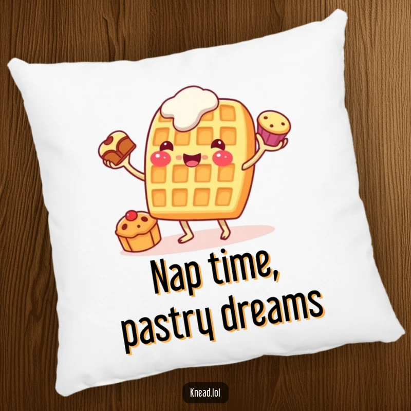 Funny Waffle Juggling Pillow featuring a cheerful waffle character juggling pastries, offering comfortable and humorous breakfast decor.