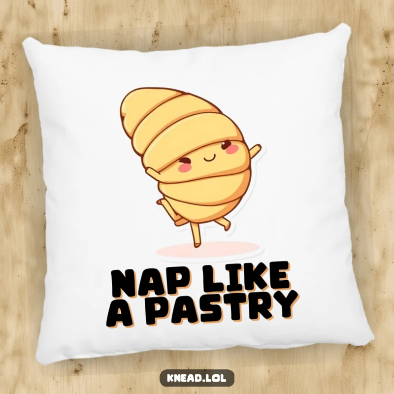 Funny pillow featuring a cute cheerful croissant character with small feet doing a playful cartwheel, perfect for comfort and laughs.