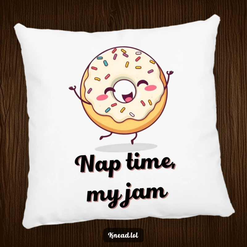 Funny Happy Donut Pillow showcasing a donut character with sprinkles dancing, offering soft comfort and humorous dessert charm.