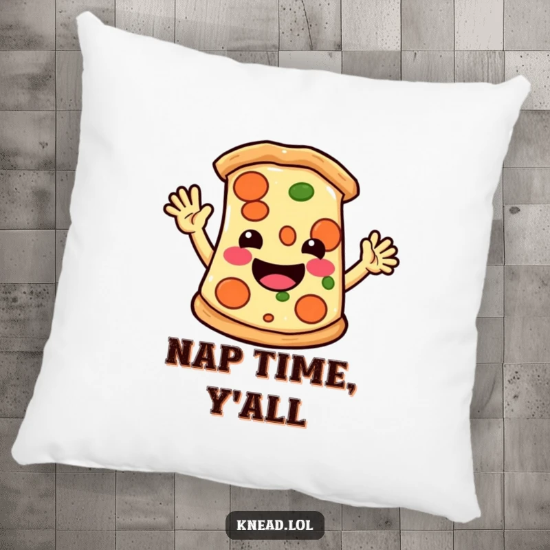Funny pillow featuring a cute pizza slice character with small arms waving hello energetically, perfect for comfort and laughs.