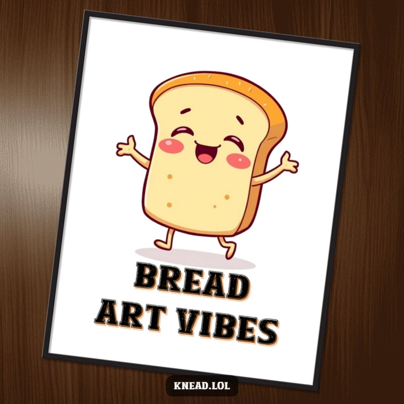Funny digital art print of a giggling bread roll with tiny legs performing a silly jig, radiating baked fun.