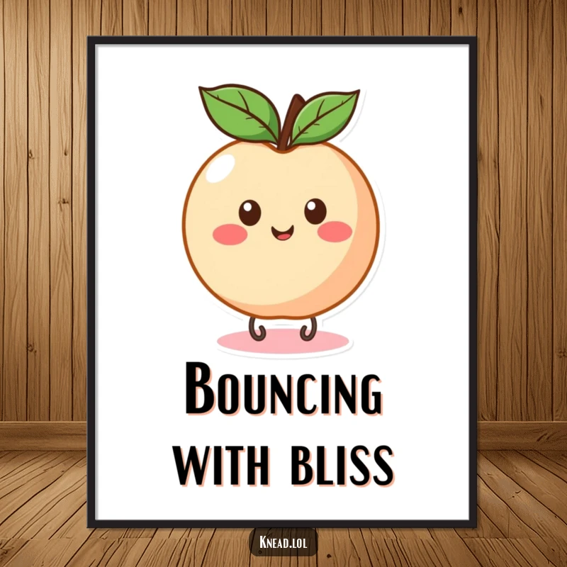 Funny Peach Bounce Digital Art Print showing a round, happy peach joyfully bouncing, for instant fruity visual humor.