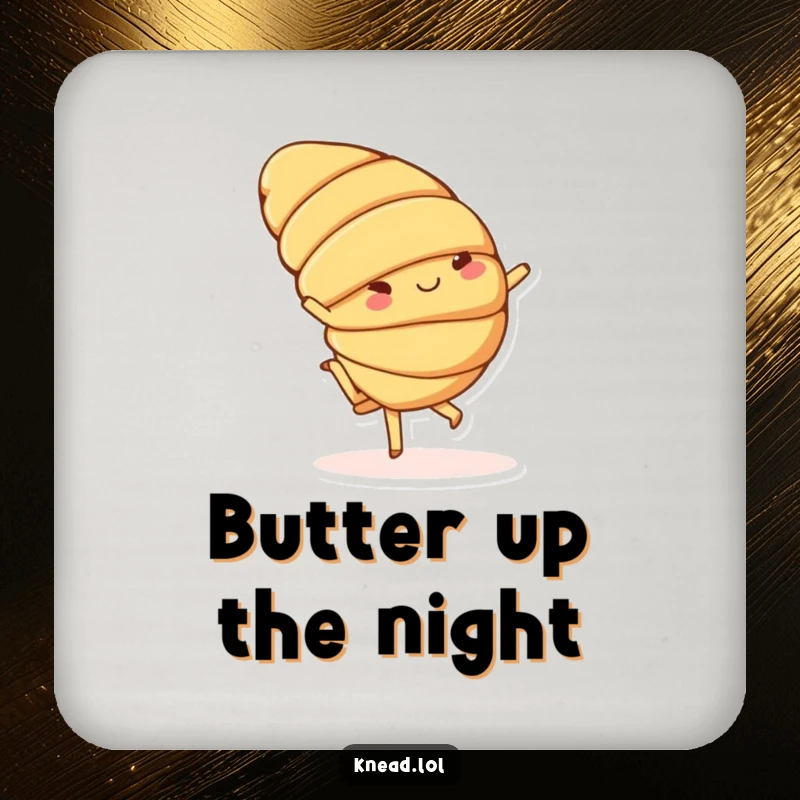 Funny coaster with a cheerful croissant character doing a playful cartwheel with small feet, protecting surfaces with humor.