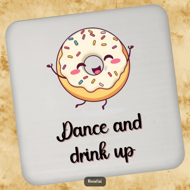 Funny Happy Donut Drink Coaster featuring a donut character with sprinkles dancing, providing humorous surface protection with dessert delight.