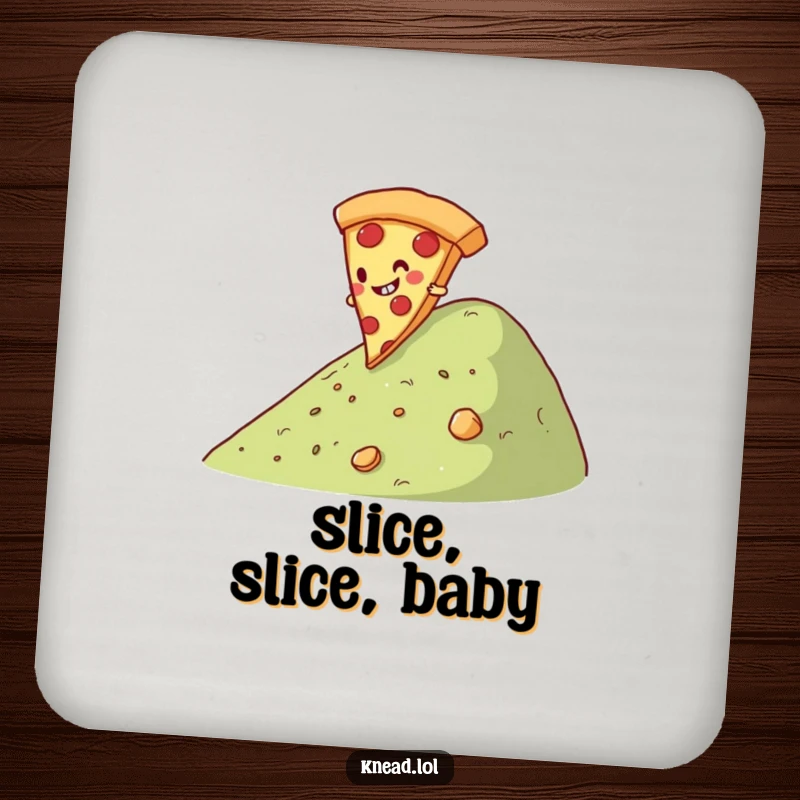 Funny Pizza Slice Drink Coaster featuring a giggling pizza slice character rolling down a hill, providing humorous surface protection with pizza delight.