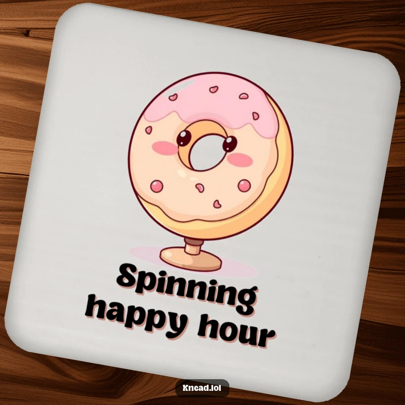 Funny donut coasters with a blushing, plump character spinning with dotted eyes, protecting surfaces with sugary charm.