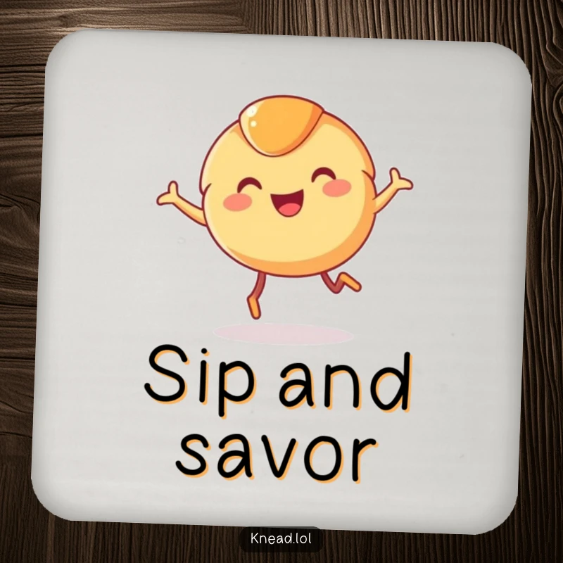 Funny Croissant Drink Coaster featuring a smiling, leaping croissant with tiny legs, adding humorous pastry charm to protect your surfaces.