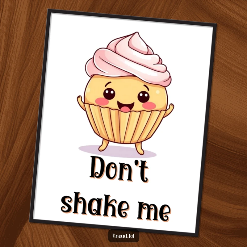 Funny Cupcake Jiggle Poster depicting a smiling, round cupcake jiggling with delight, frosting tipped precariously, adding sweet visual humor.
