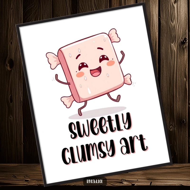 Funny poster art of a delighted candy bar with tiny legs performing a comically awkward stumble, adding sweet humor to any space.