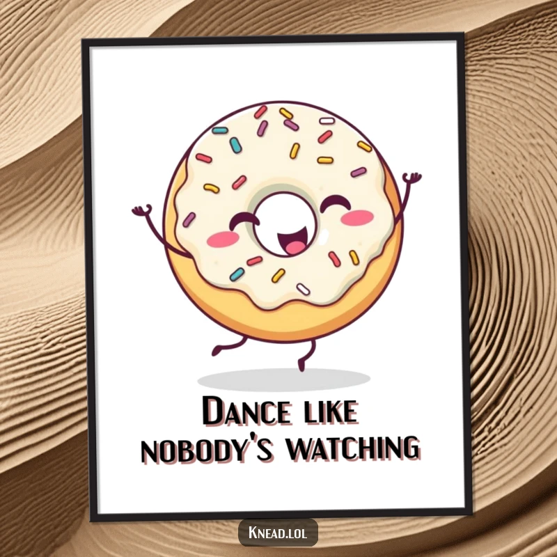 Funny Happy Donut Poster featuring a joyful donut character with sprinkles doing a silly dance, a delightful and humorous art piece.
