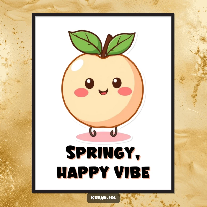 Funny Peach Bounce Poster depicting a round, happy peach joyfully bouncing on a springy base, adding whimsical fruit visual humor.