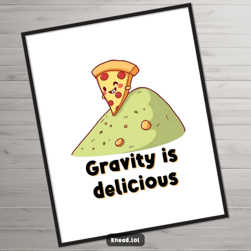 Funny Pizza Slice Poster featuring a giggling slice of pizza character joyfully rolling down a hill, a delightful and humorous art piece.