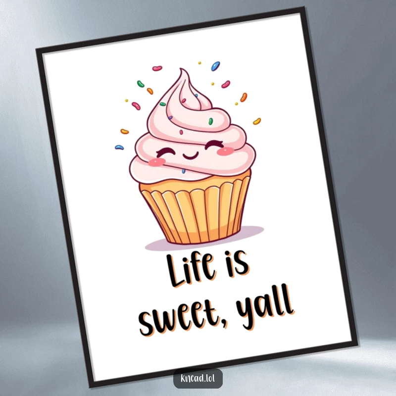 Funny Winking Cupcake Poster featuring a delightful cupcake character winking and juggling colorful sprinkles, a charming and humorous art piece.