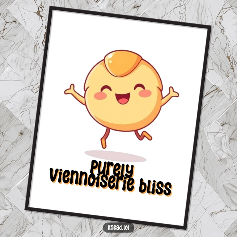 Funny Croissant Poster featuring a smiling, round croissant character with tiny legs joyfully leaping, creating vibrant and humorous wall art.