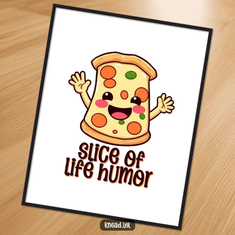 Funny poster art of a smiling pizza slice with little arms waving hello energetically, adding a touch of humor to walls.