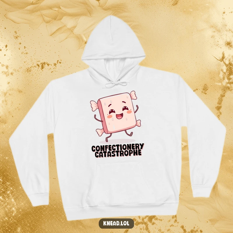 Funny hoodie depicting a delighted candy bar with tiny legs doing a comically awkward stumble, perfect for comfortable, humorous wear.
