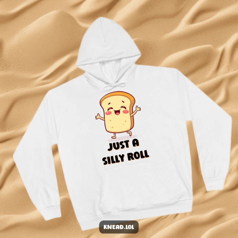Funny hoodie depicting a giggling bread roll with tiny legs doing a silly jig, perfect for comfortable, humorous wear.