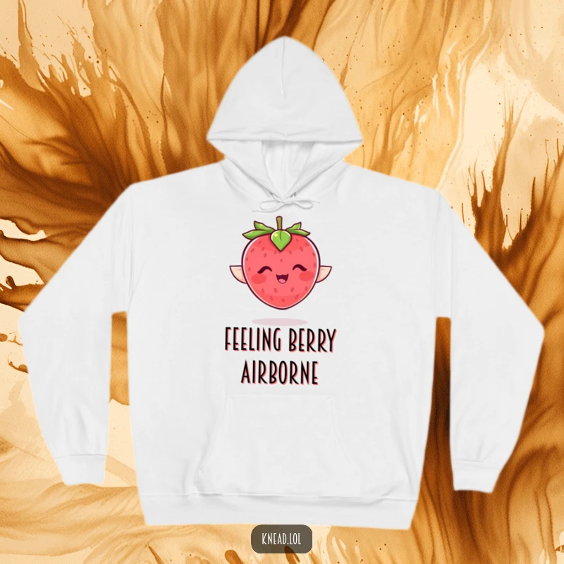 Funny strawberry hoodie with a plump, giggling character flapping joyfully, showcasing a cute and humorous design.