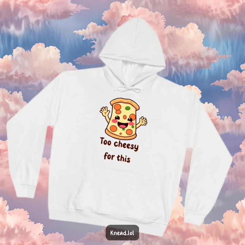 Funny hoodie depicting a smiling pizza slice with small arms waving hello energetically, perfect for casual, humorous wear.