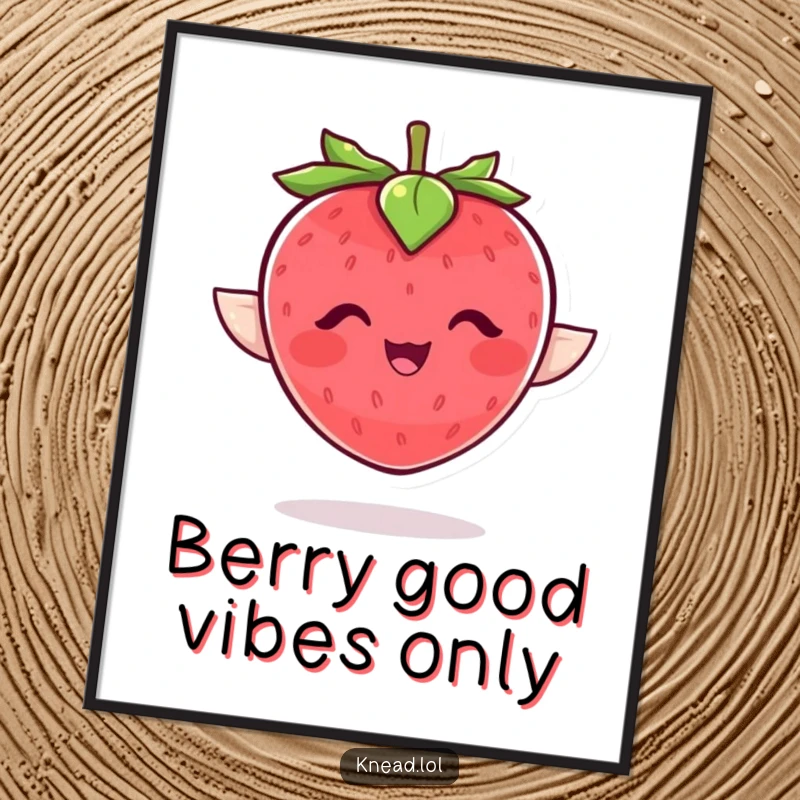 Funny Free Printable Wall Art: A plump, giggling strawberry with small wing-like leaves flaps joyfully, bringing cheer to any room.