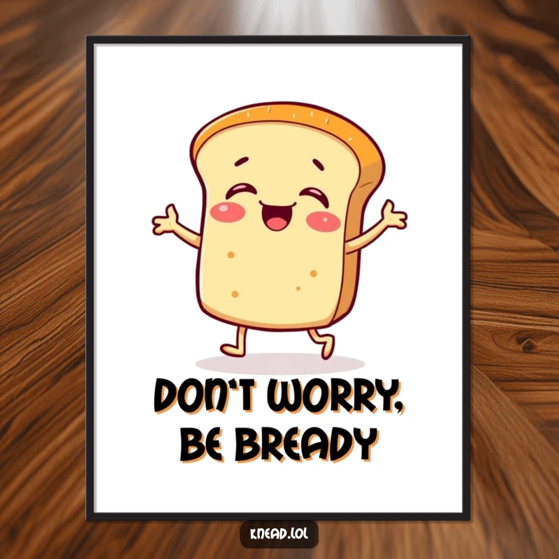 Funny Free Printable Wall Art of a giggling bread roll character doing a silly jig with tiny legs, perfect for a cheerful room.